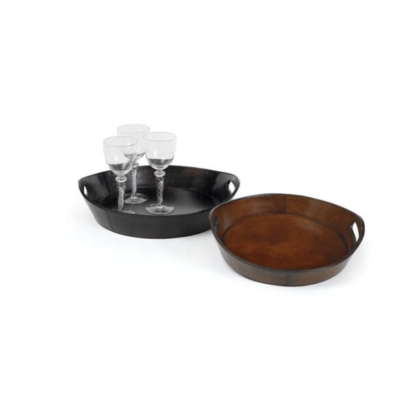 Leather Darien Luxury Bar Oval Serving Brown Handle Tray - Picture 2 of 8